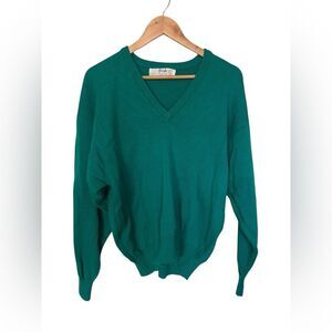 Pringle of Scotland Sports Mens Sz M Green Cotton Knit V Neck Pull Over Sweater